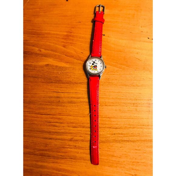 Vintage 90s Disney Mickey Mouse Quartz Watch Red Leather Band - Read Description main image 8